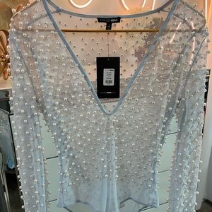 Embellished Pearl Mesh Bodysuit Light Blue Fashion Nova
